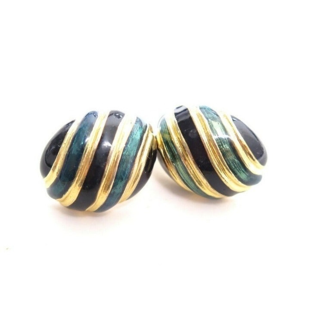 Vintage striped Blue & Green Enamel‎ Gold Plated Oval Dome Pierced Earrings